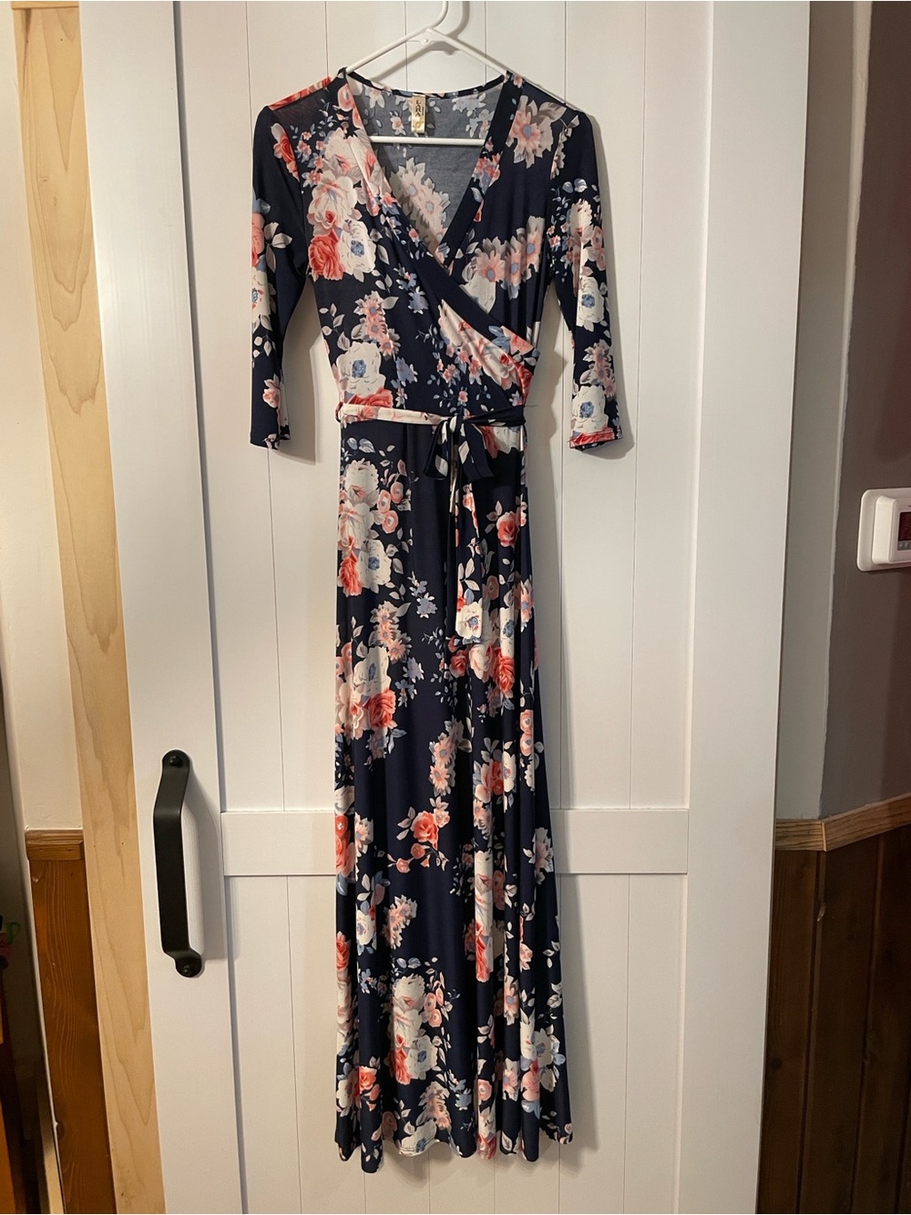 LARA Navy Floral Wrap Maxi Dress with Pink & Coral Blooms